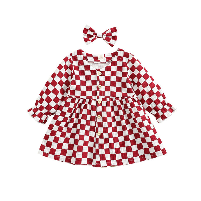 2 Piece Baby Toddler Girl Plaid Long Sleeve Checkered Dress With Match Hair Piece