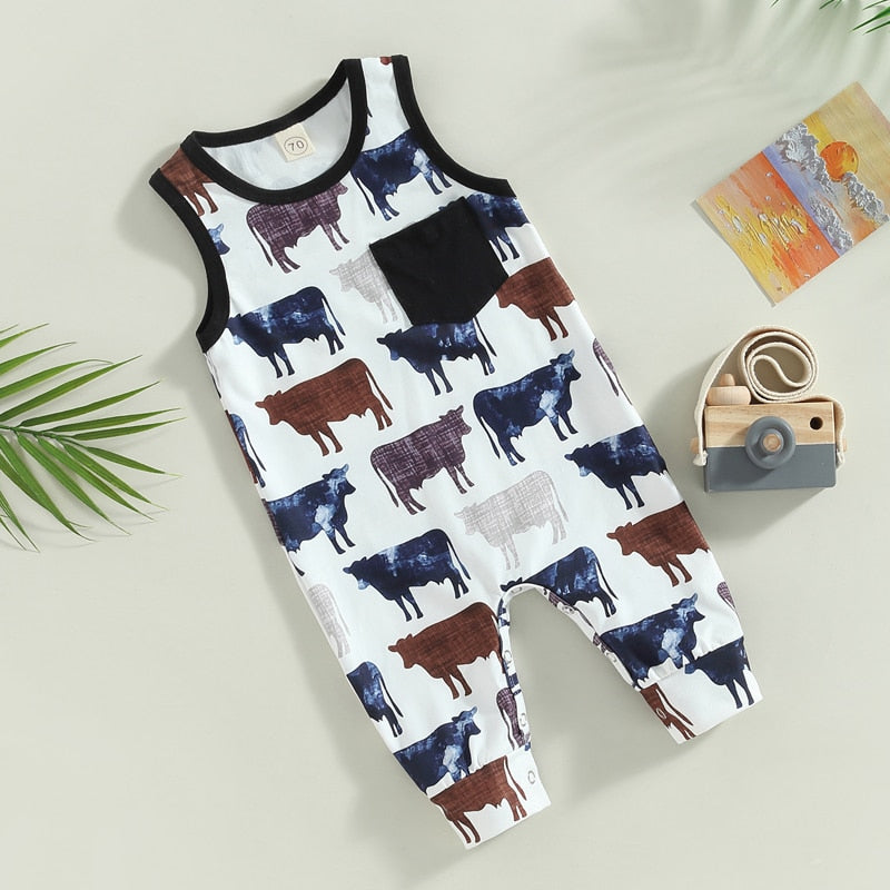 Infant Baby Boy Western Romper Clothes Tank Top Round Neck Cow Print Jumpsuit Playsuit