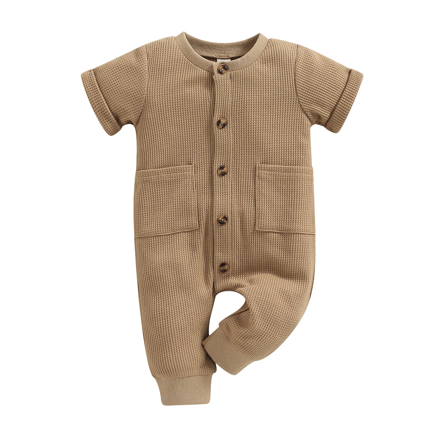 Baby Girls Boys  Jumpsuit Solid Color Short Sleeve Button Down Romper