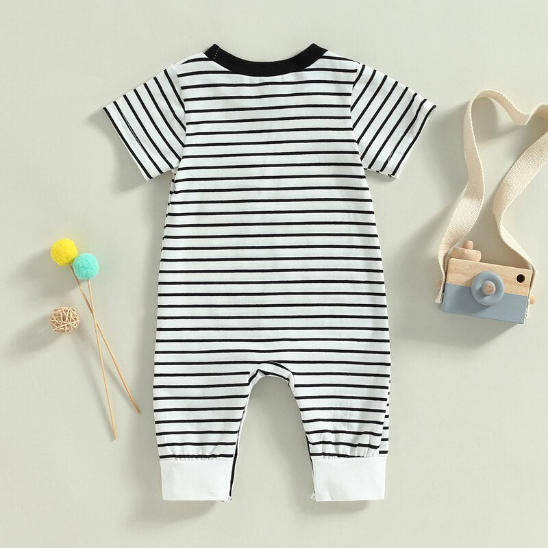 Infant Baby Boys Jumpsuit Crew Neck Color Block Short Sleeve Striped Pocket Romper