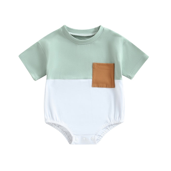 Infant Baby Boys Girls Casual Bodysuit Color Block Short Sleeve Crew Neck Pocket Jumpsuits Bubble Romper
