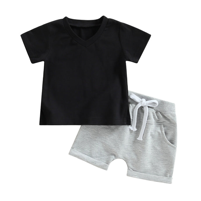 Toddler Baby Boys 2Pcs  Outfit Short Sleeve V Neck T-shirt Elastic Waist Shorts