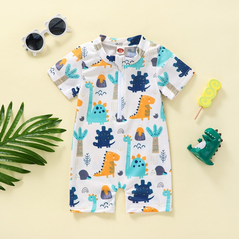 Baby Kids Boys Summer Swimsuit Cartoon Dinosaur Printed Short Sleeve Zipper Jumpsuit Swimwear Beachwear Rash guard