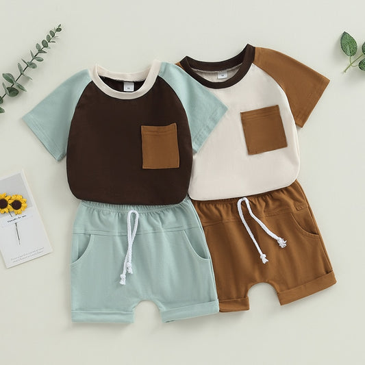 Baby Toddler Boys 2Pcs Short Sleeve Contrast Color Tops Drawstring Shorts Outfit