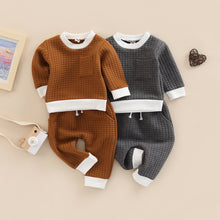 Load image into Gallery viewer, Infant Baby Boy Girl 2Pcs Set Waffle Blocks Jacquard Contrast Long Sleeve Crew Neck Top and Pants
