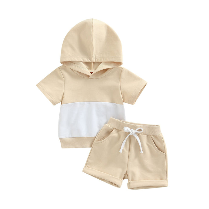 2 Tone Baby Boy Toddler Short Sleeve Hooded Tops And Shorts Set
