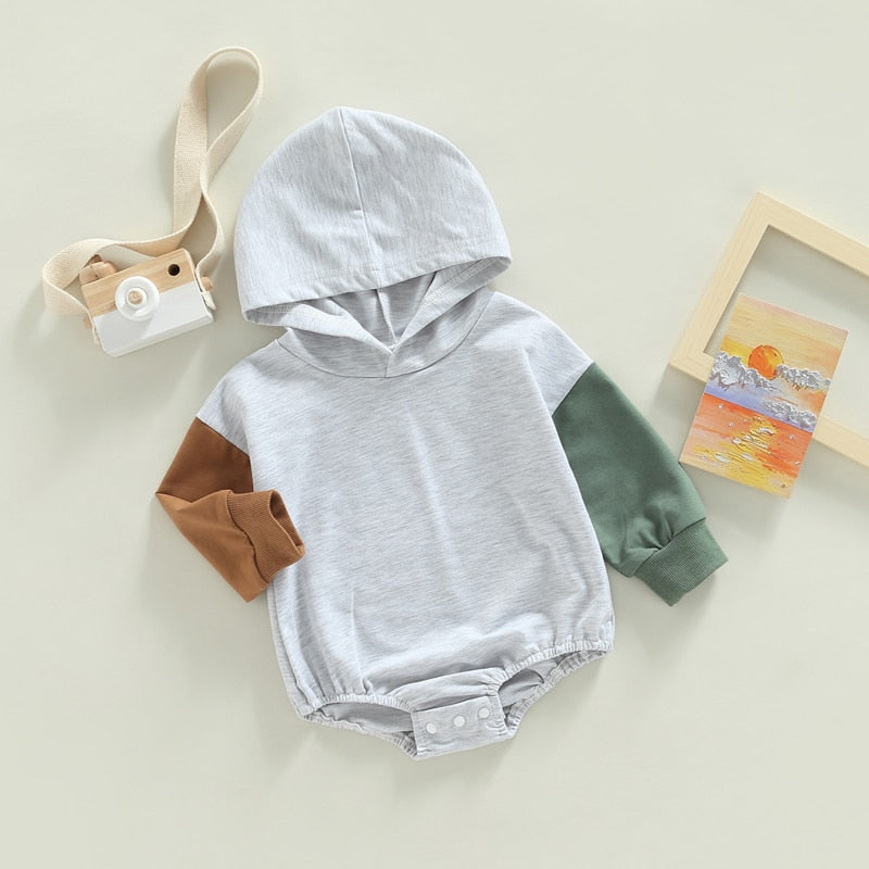 Infant Baby Boys Girls Bodysuit Long Sleeve Hooded Color Block Bodysuit Bubble Romper