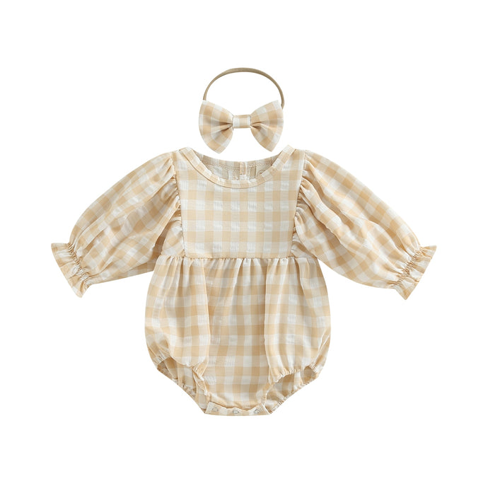 Infant Baby Girls Plaid Long Sleeve Jumpsuit with Bow Headband Romper Outfit