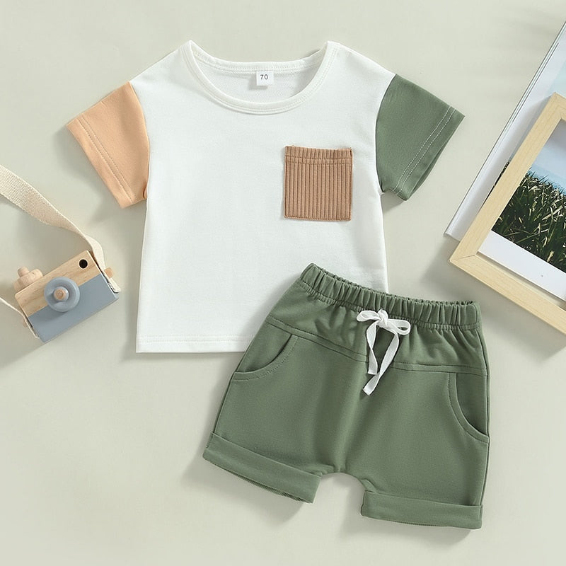 Toddler Baby Boy 2Pcs Summer Outfits Short Sleeve Color Block T-Shirt Pocket Shorts Set