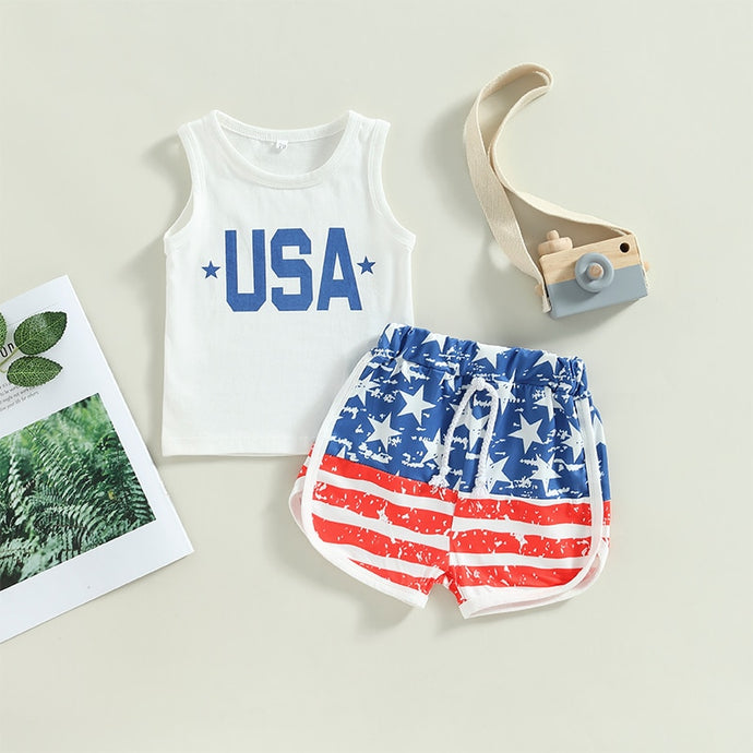 Toddler Baby Girl Boys 2Pcs Summer Outfit Sets White Tank USA Print Stars Striped Shorts Set