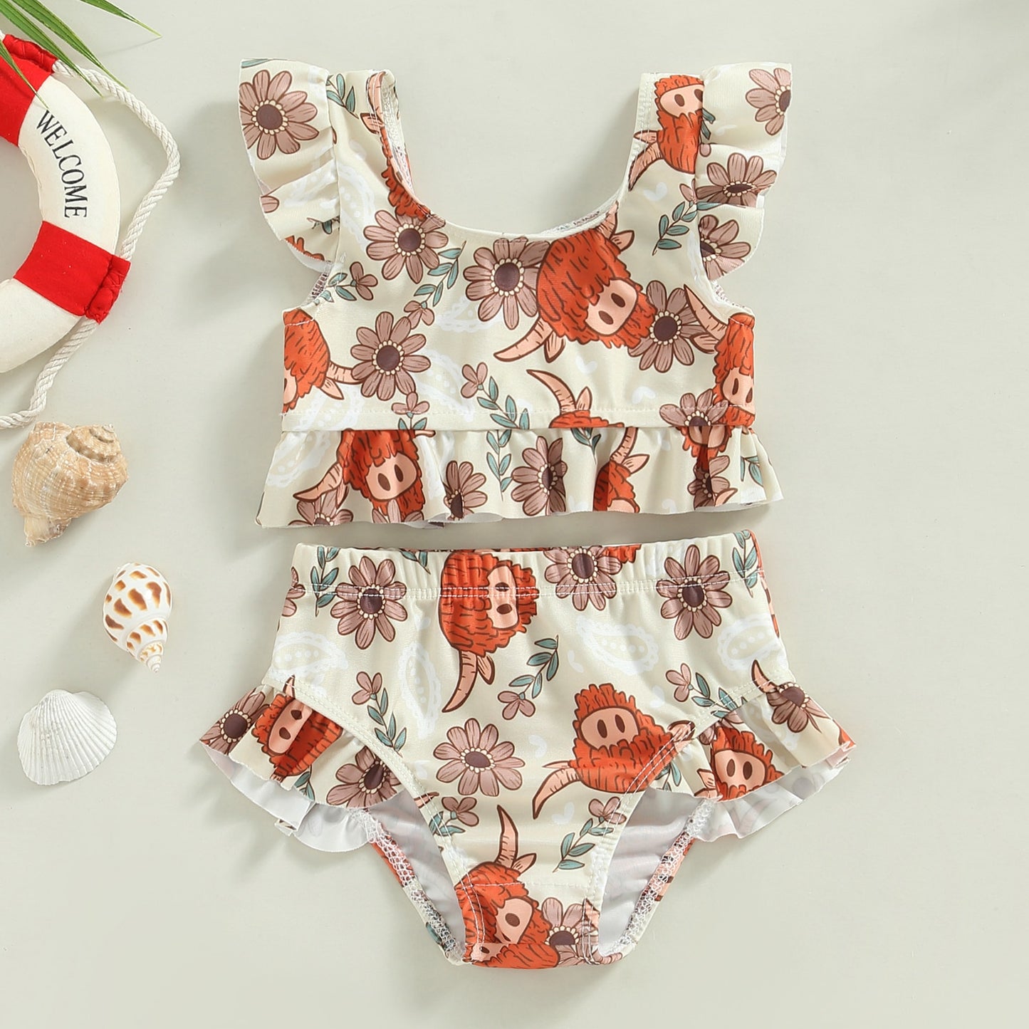 Toddler Baby Girl 2Pcs Bikini Set Flower Bison Print Flutter Sleeve Bathing Swimsuit