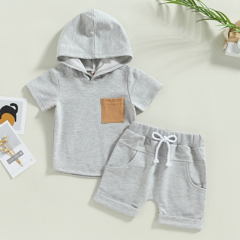 Toddler Baby Boys 2Pcs Short Sleeve Hooded Pocket T-shirt with Elastic Waist Shorts Outfit