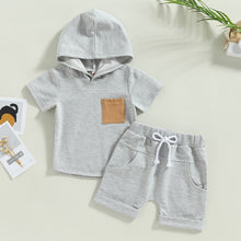 Load image into Gallery viewer, Toddler Baby Boys 2Pcs Short Sleeve Hooded Pocket T-shirt with Elastic Waist Shorts Outfit
