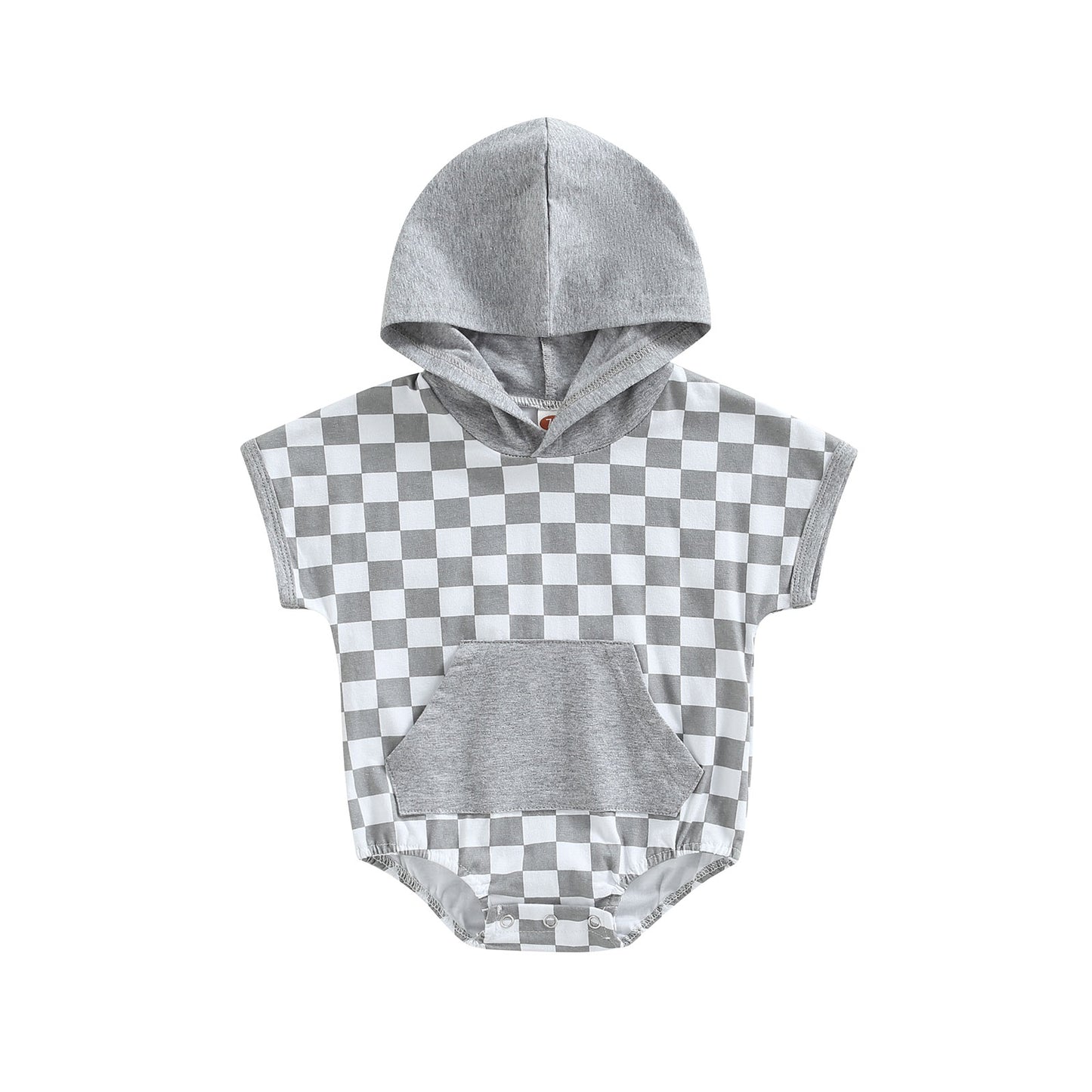 Baby Girls Boys Short Sleeve Checker Print Front Pocket Hooded Playsuit Bubble Romper