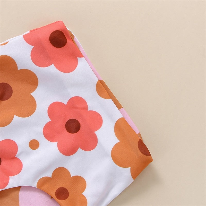 Infant Baby Girls Summer Reversible Swimsuit Flower Heart Print V-Neck Front Knotted Top High Waist Bottoms