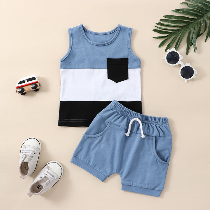 Toddler Boys 2Pcs Summer Outfit Sets Color Block Tank Top and Solid Drawstring Shorts