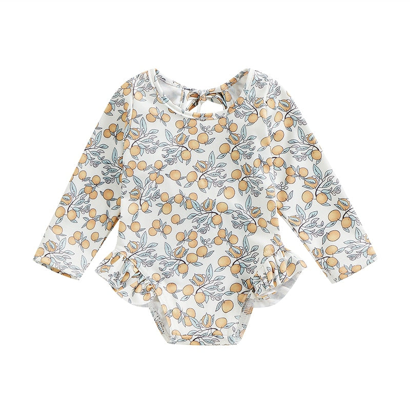 Kids Girl Swimsuits Floral Print Long Sleeve Ruffles Jumpsuit Swimwear Beachwear Bathing Suits