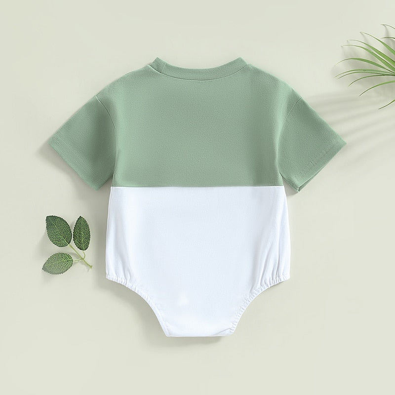 Infant Baby Boys Girls Casual Bodysuit Color Block Short Sleeve Crew Neck Pocket Jumpsuits Bubble Romper