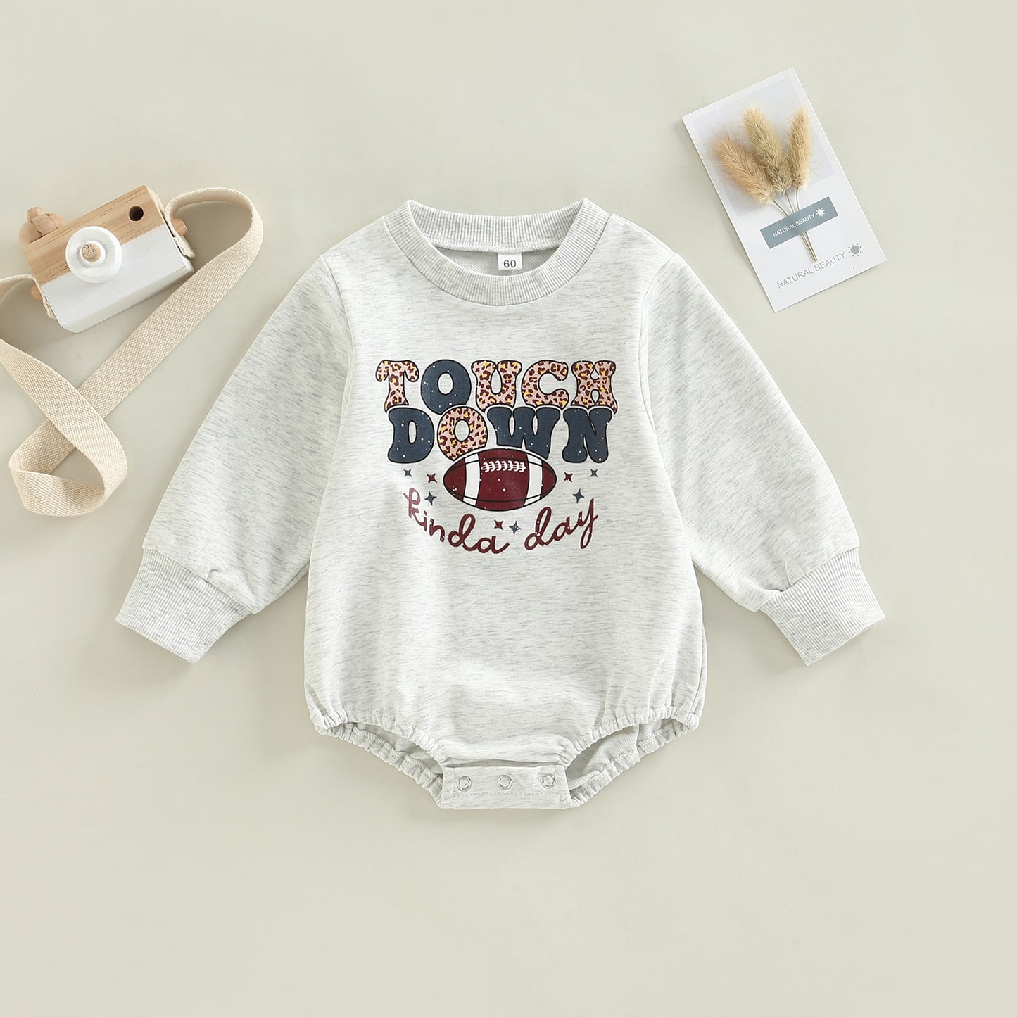 Baby Boy Girls Romper Football Season Touchdown Kinda Day Letter Leopard Printed Long Sleeve Grey Jumpsuit Bubble Romper