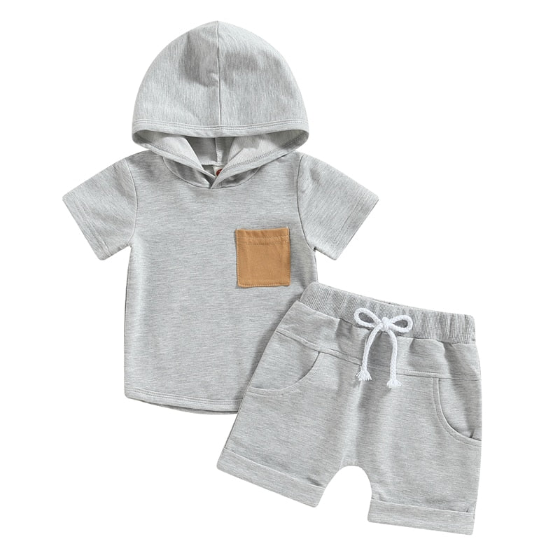 Toddler Baby Boys 2Pcs Short Sleeve Hooded Pocket T-shirt with Elastic Waist Shorts Outfit