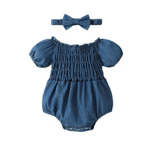 Load image into Gallery viewer, Baby Girl 2Pcs Casual Bodysuit Short Sleeve Off Shoulder Pleated Short Denim Jumpsuit Head Band Set Bubble Romper
