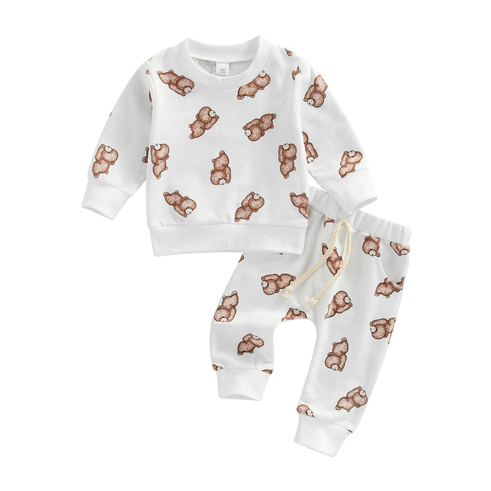 Baby Boy Girl 2-Piece Outfit Bear Print Crew Neck Long Sleeve Shirt Pants Set