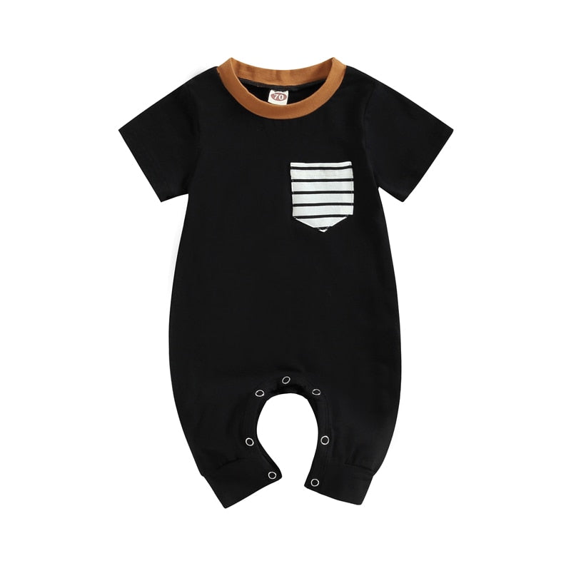 Infant Baby Boys Jumpsuit Crew Neck Color Block Short Sleeve Striped Pocket Romper