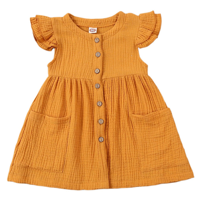 Toddler Kid Baby Girl Summer Dress Ruffles Sleeves Cotton Button Pocket Dress Sundress