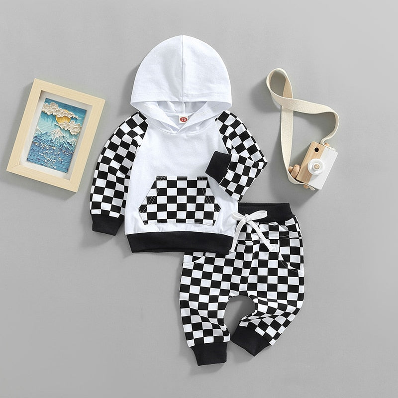 Baby Toddler Girl Boy Outfit 2Pcs Set Plaid Long Sleeve Hoodie with Pockets Elastic Drawstring Waist Pants