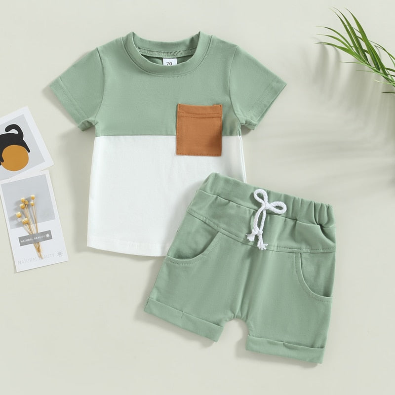 Baby Toddler Boys 2Pcs Outfit Set Short Sleeve Pocket Contrast Color Tee Solid Drawstring Shorts