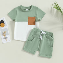 Load image into Gallery viewer, Baby Toddler Boys 2Pcs Outfit Set Short Sleeve Pocket Contrast Color Tee Solid Drawstring Shorts
