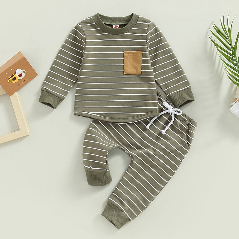 Baby Boys Clothing Set Striped Print Pocket Long Sleeve T-shirt and Elastic Waist Drawstring Long Pants Outfit