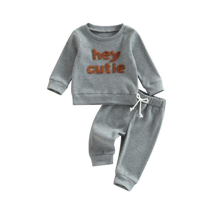 Toddler Baby Girl Boy 2Pcs Hey Cutie Outfit Long Sleeve Ribbed Knit Tops Pants Set