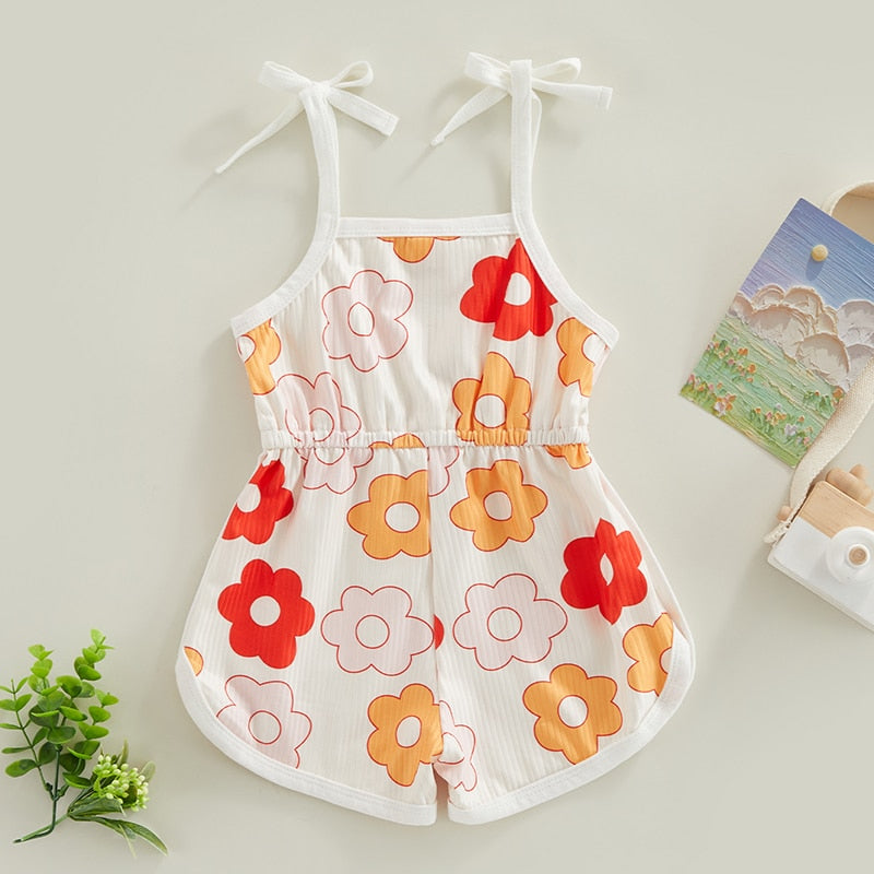 Toddler Baby Girl Summer Jumpsuit Flower Print Tie Up Shorts Romper