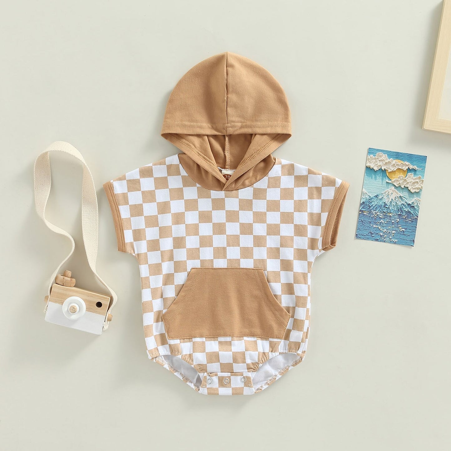 Baby Girls Boys Short Sleeve Checker Print Front Pocket Hooded Playsuit Bubble Romper