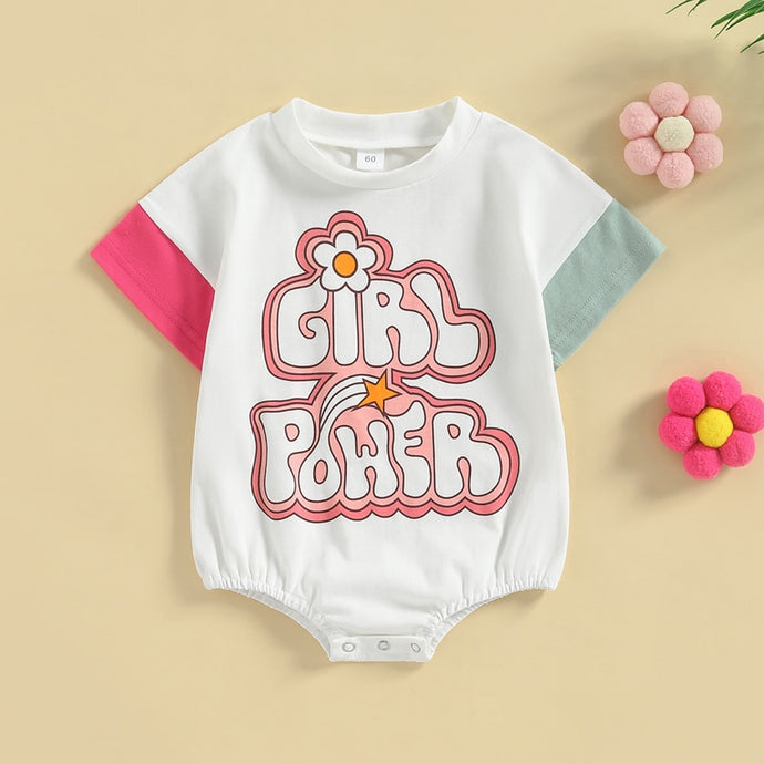 Infant Baby Girls ColorBlock Girl Power Retro Print Short Sleeve Crew Neck Bubble Romper
