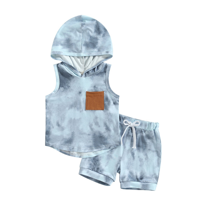 Toddler Baby Kids Boys 2Pcs Summer Tank Top Hooded Dye Print Tops with Matching Shorts Outfit