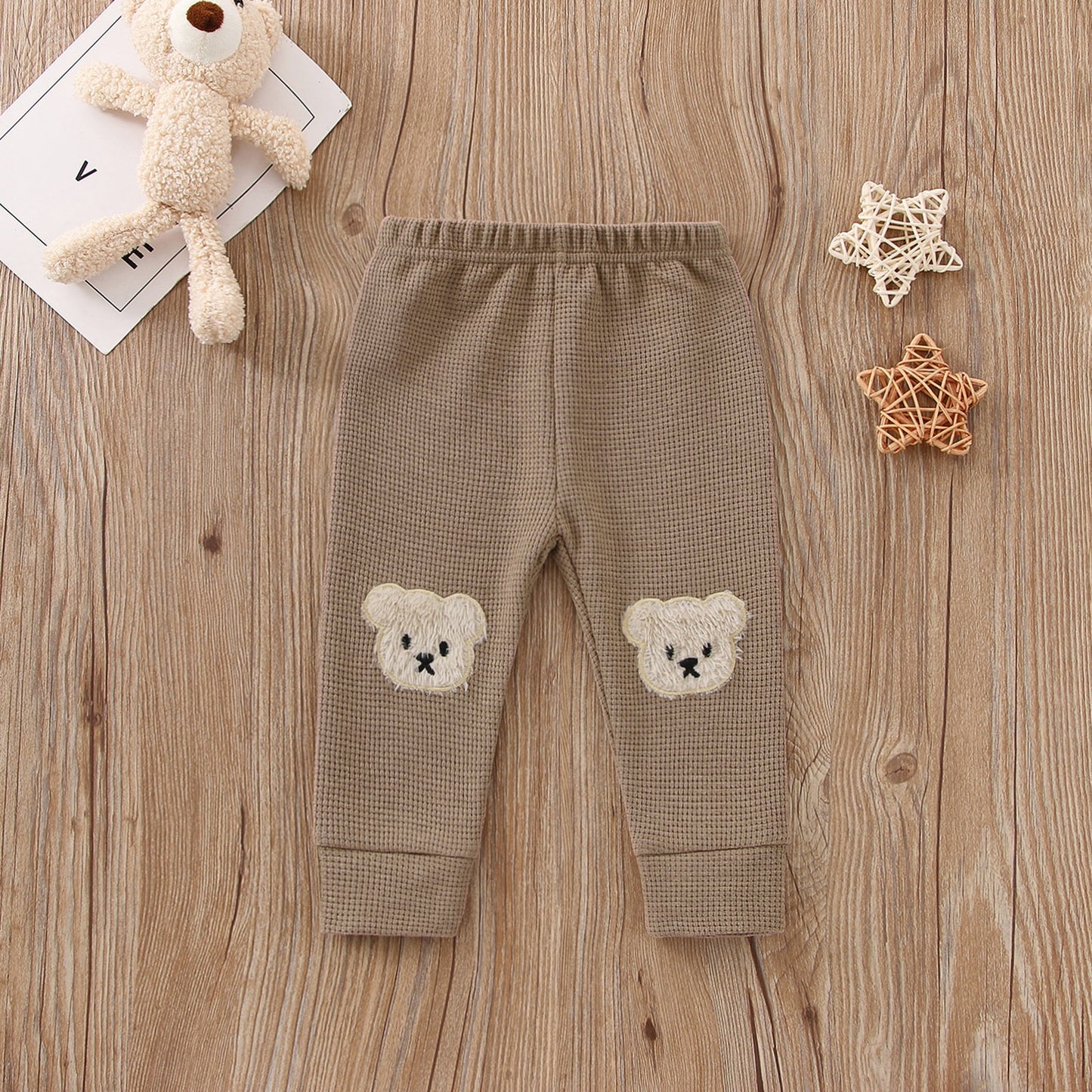 Baby Girls Boys Bear Waffle Knit Pants