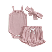 Load image into Gallery viewer, Infant Baby Girls 3Pcs Summer Outfits Tank Top Waffle Knit Romper Shorts Headband Set
