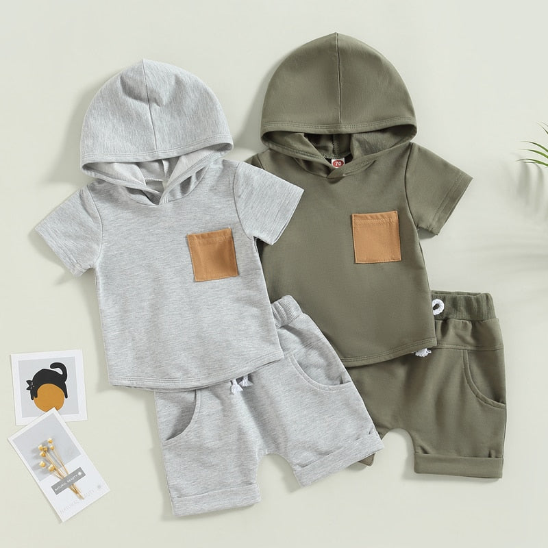 Toddler Baby Boys 2Pcs Short Sleeve Hooded Pocket T-shirt with Elastic Waist Shorts Outfit