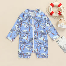 Load image into Gallery viewer, Toddler Baby Swimwear Coconut Palm Tree / Sun Moon / Coral Pattern Shorts and  Long Sleeve Zipper Front Bathing Suit
