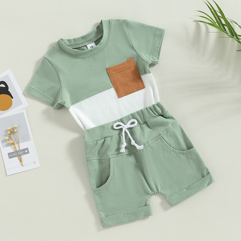 Baby Toddler Boys 2Pcs Outfit Set Short Sleeve Pocket Contrast Color Tee Solid Drawstring Shorts