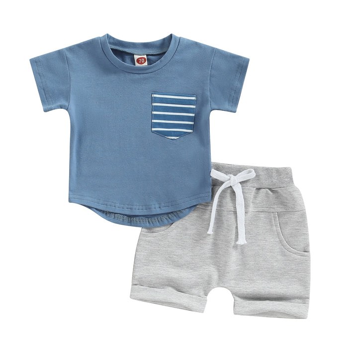 Toddler Baby Boys 2Pcs Shorts Outfit Short Sleeve Crew Neck Stripes Pocket T-shirt with Elastic Waist Shorts