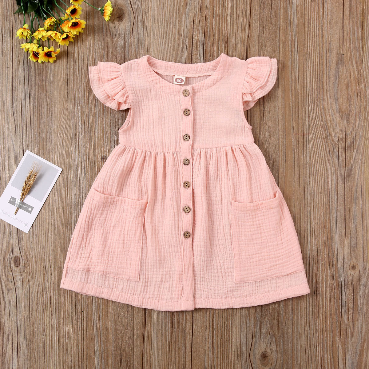 Toddler Kid Baby Girl Summer Dress Ruffles Sleeves Cotton Button Pocket Dress Sundress