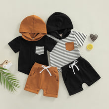 Load image into Gallery viewer, Adorable Baby Toddler Boy Striped Short Sleeve Hoodie Top With Pocket And Matching Shorts

