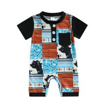Load image into Gallery viewer, Infant Baby Boys Jumpsuit Short Sleeve Crew Neck Cattle Bandana Print Button Romper
