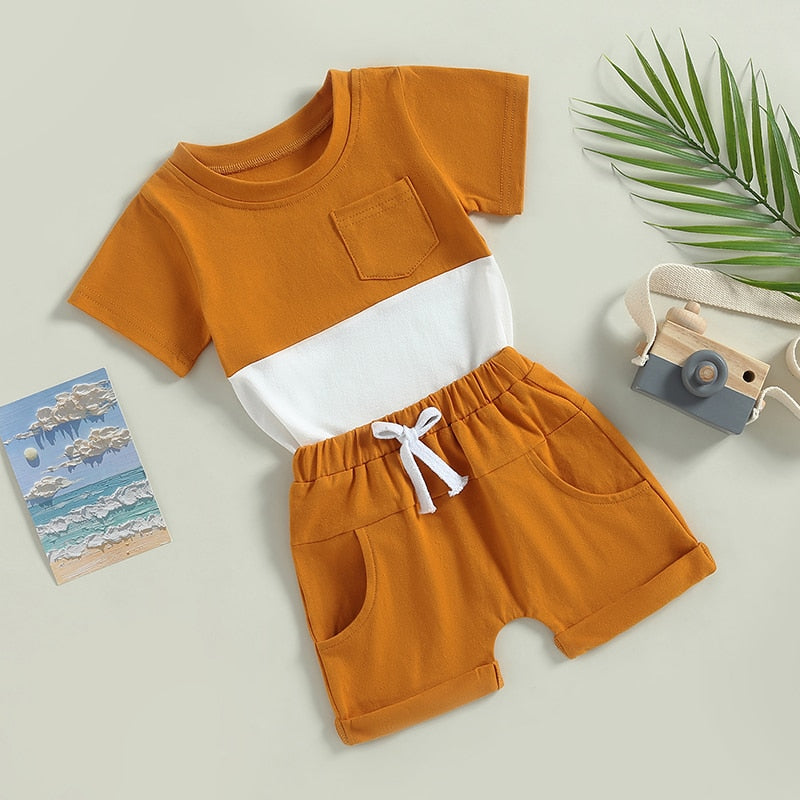 Toddler Baby Boys 2Pcs Outfit Short Sleeve Pocket Color Block T-shirt with Elastic Waist Shorts