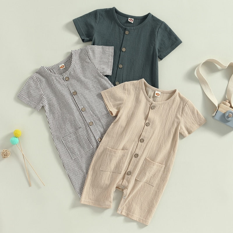 Baby Boys Girls Jumpsuit Solid Color Striped Short Sleeve Button Down Romper