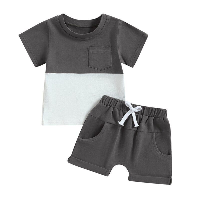 Toddler Baby Boys 2Pcs Outfit Short Sleeve Pocket Color Block T-shirt with Elastic Waist Shorts