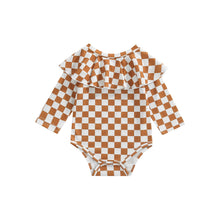Load image into Gallery viewer, Infant Baby Girl Checkered Bodysuit Long Sleeve Plaid Printed O-neck Jumpsuit Ruffle Shoulder Romper
